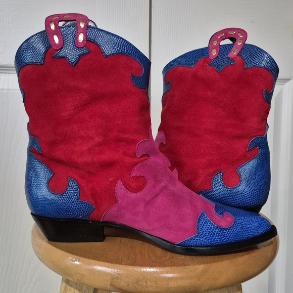 80s Vintage Zalo Colorful Suede Cowboy Boots Womens size 6.5 Made in Spain - Picture 11 of 16